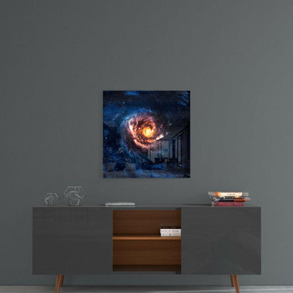 Golden Core Spiral Galaxy Blue Glass Wall Art