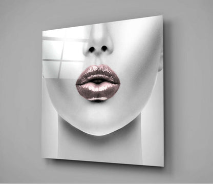 Rose Gold Metallic Lips Glass Wall Art