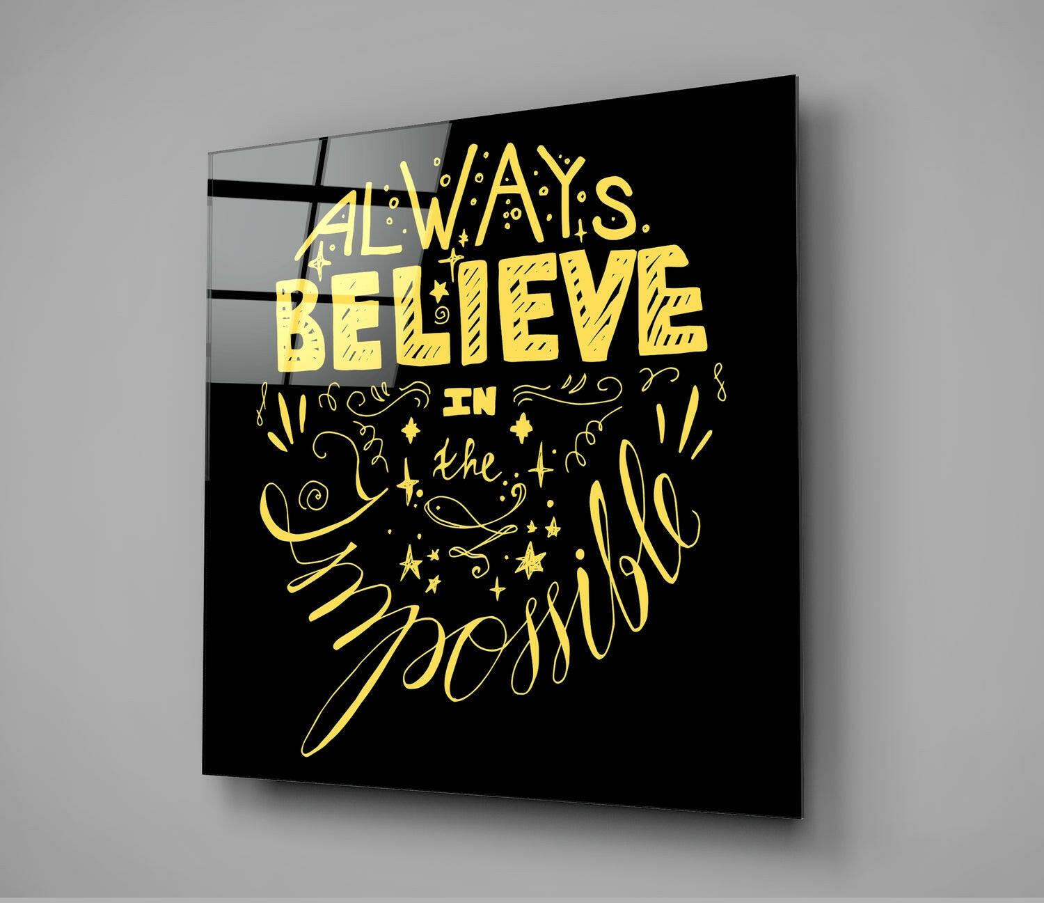 Always Believe Impossible Yellow Script Glass Wall Art