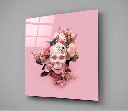 Pink Roses Skull Blush Backdrop Glass Wall Art