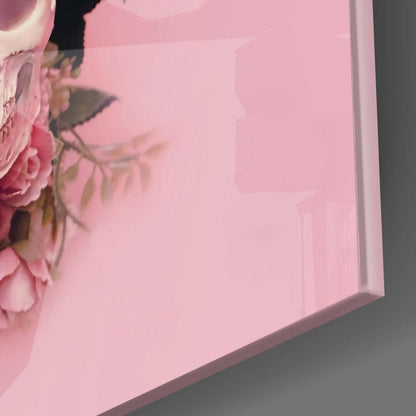 Pink Roses Skull Blush Backdrop Glass Wall Art