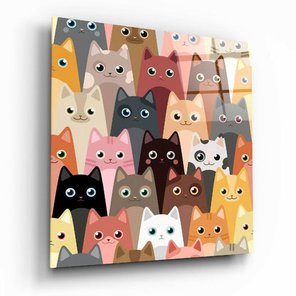 Stacked Cartoon Kitten Faces Cats Glass Wall Art