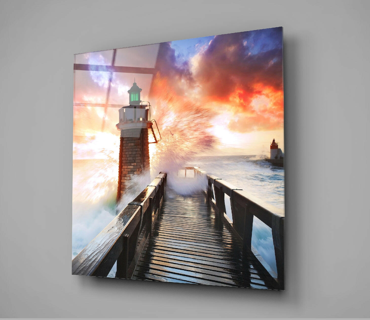 Crashing Wave Boardwalk Lighthouse Glass Wall Art