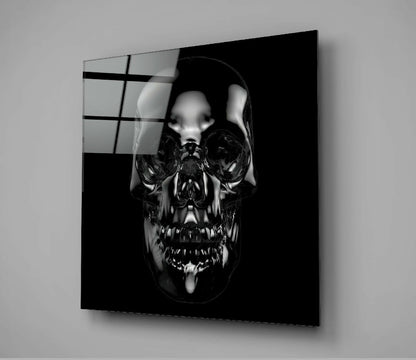 Glossy Black Chrome Skull Glass Wall Art