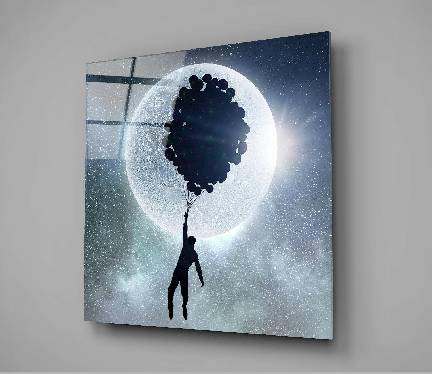 Man Flying With Balloon Cluster Moon Glass Wall Art