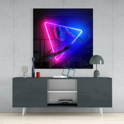 Pink Blue Neon Triangle Figure Glass Wall Art