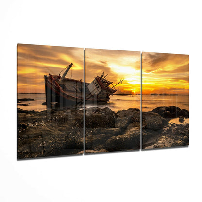 Shipwreck Golden Sunset Rocky Shore Glass Wall Art