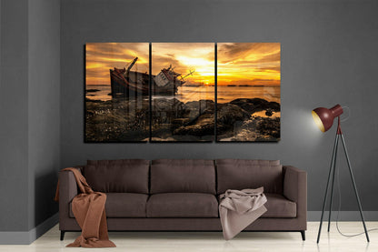 Shipwreck Golden Sunset Rocky Shore Glass Wall Art