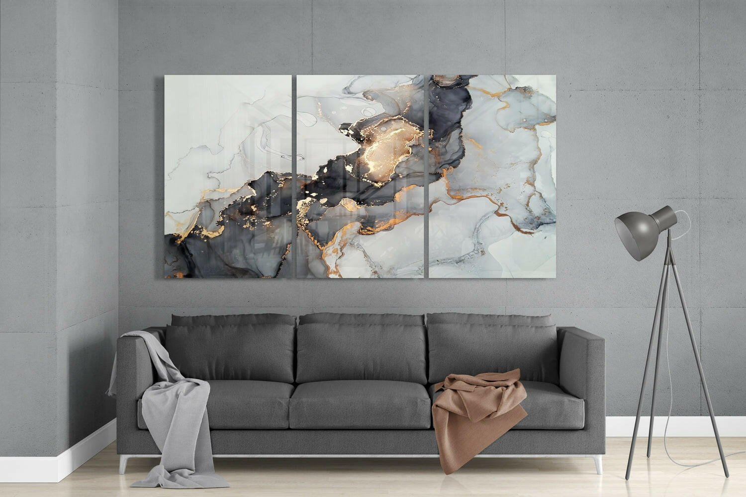 Black Gold Marble Triptych Glass Wall Art
