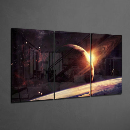 Sunrise Behind Ringed Planet Triptych Glass Wall Art