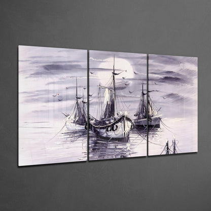 Lavender Gray Fishing Boats at Moonrise Glass Wall Art