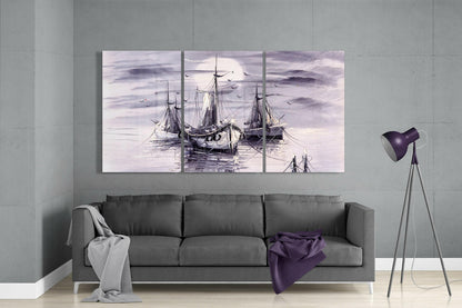 Lavender Gray Fishing Boats at Moonrise Glass Wall Art