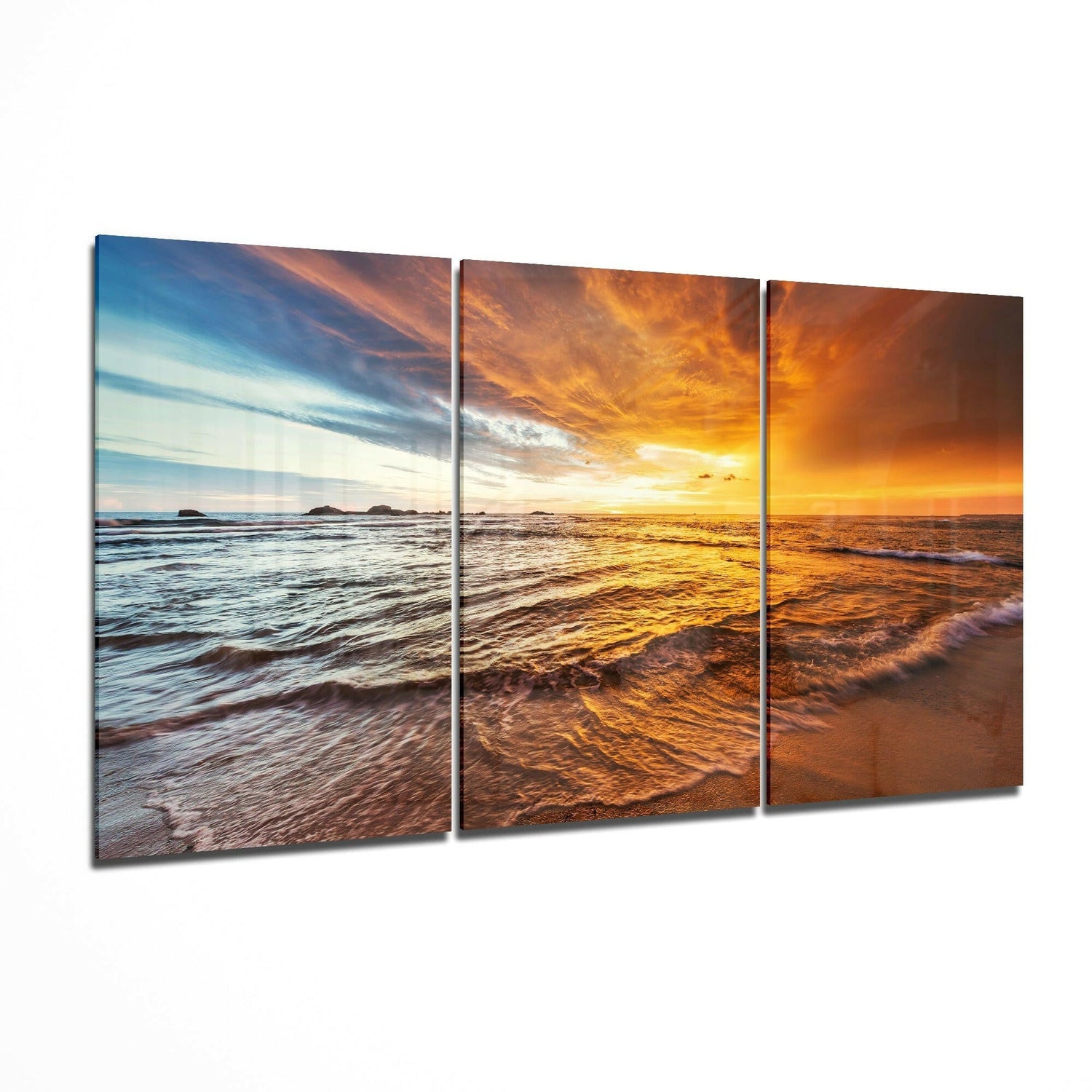 Golden Sunset Beach Waves Glass Wall Art