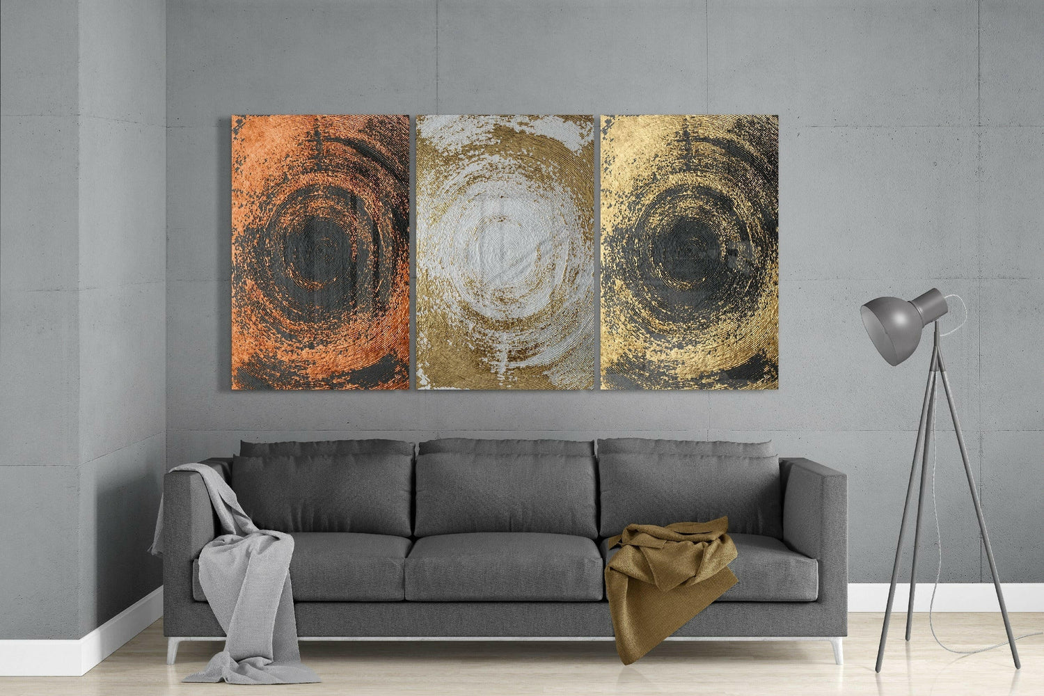 Copper Silver Gold Swirl Circles Trio Glass Art