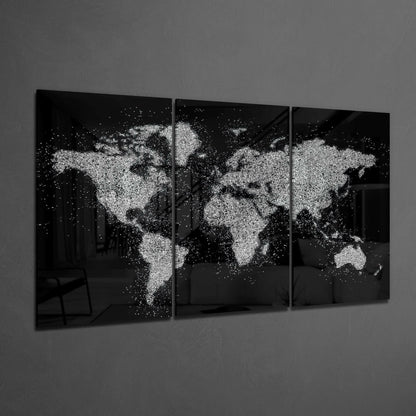White Paint Splatter World Map Glass Wall Art