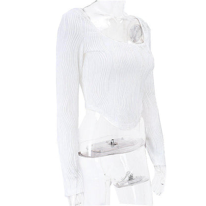 Autumn &amp; Winter long-sleeved U-neck water ripple slim fit top T-shirt