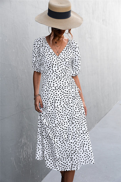 Woman Short Sleeve V Neck Chiffon Wrap Dresses Polka Dot Streetwear Elegant Midi Dress