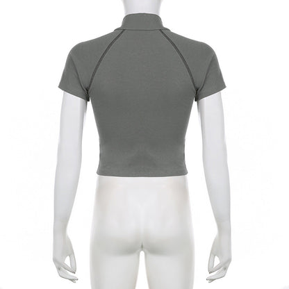 Invisible Zipper Stand Collar Short Sleeve Top Slim Fit Bottom T-Shirt