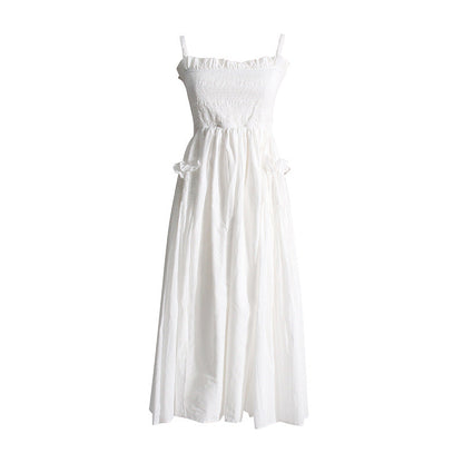 Pleated suspender long solid color full skirt dress