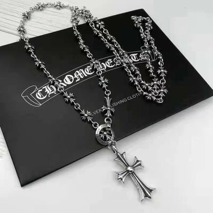 Retro gold silver cross flower necklace