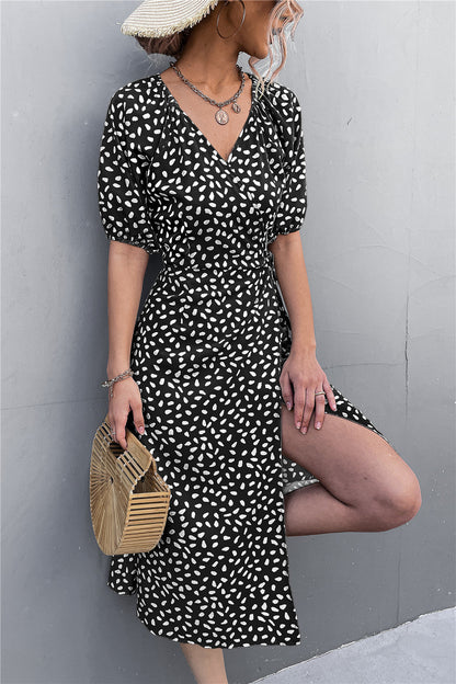 Woman Short Sleeve V Neck Chiffon Wrap Dresses Polka Dot Streetwear Elegant Midi Dress