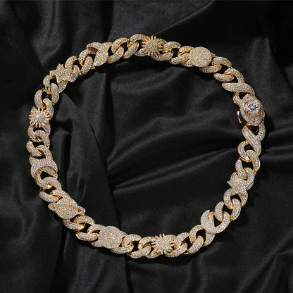 Hip-hop zircon-encrusted sun, star and eye necklace
