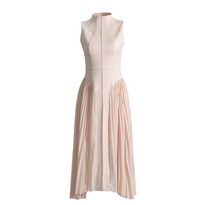 Pleated round neck sleeveless A dress with waist slimming long skirt