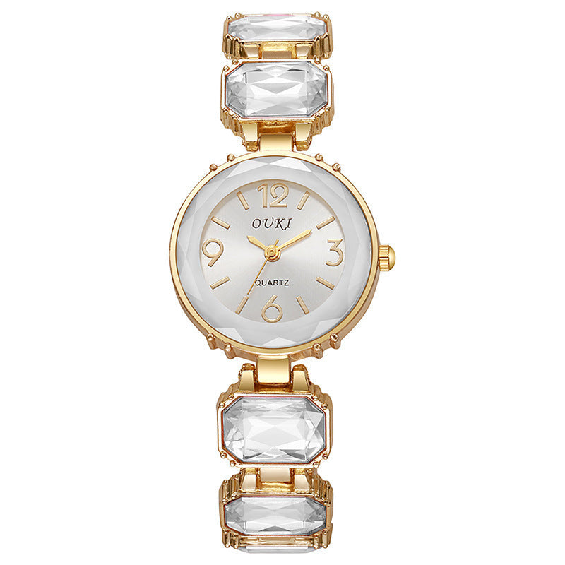 Women’s Gold Bracelet Quartz Watch with Black Crystal Dial