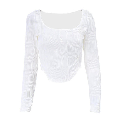 Autumn &amp; Winter long-sleeved U-neck water ripple slim fit top T-shirt