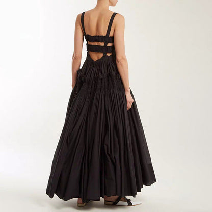 Pleated suspender long solid color full skirt dress