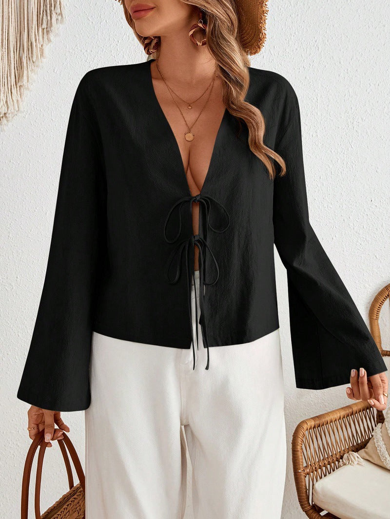 Cotton Linen Lace Up Bow Shirts Women Loose Hollow Out V Neck Long Sleeve Tops