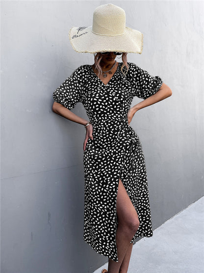 Woman Short Sleeve V Neck Chiffon Wrap Dresses Polka Dot Streetwear Elegant Midi Dress