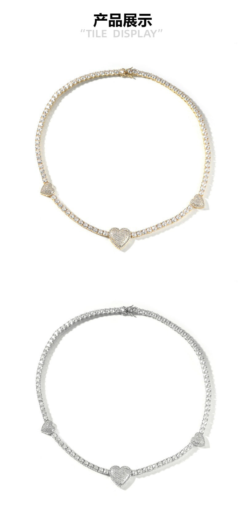 diamond tennis necklace Love heart chain