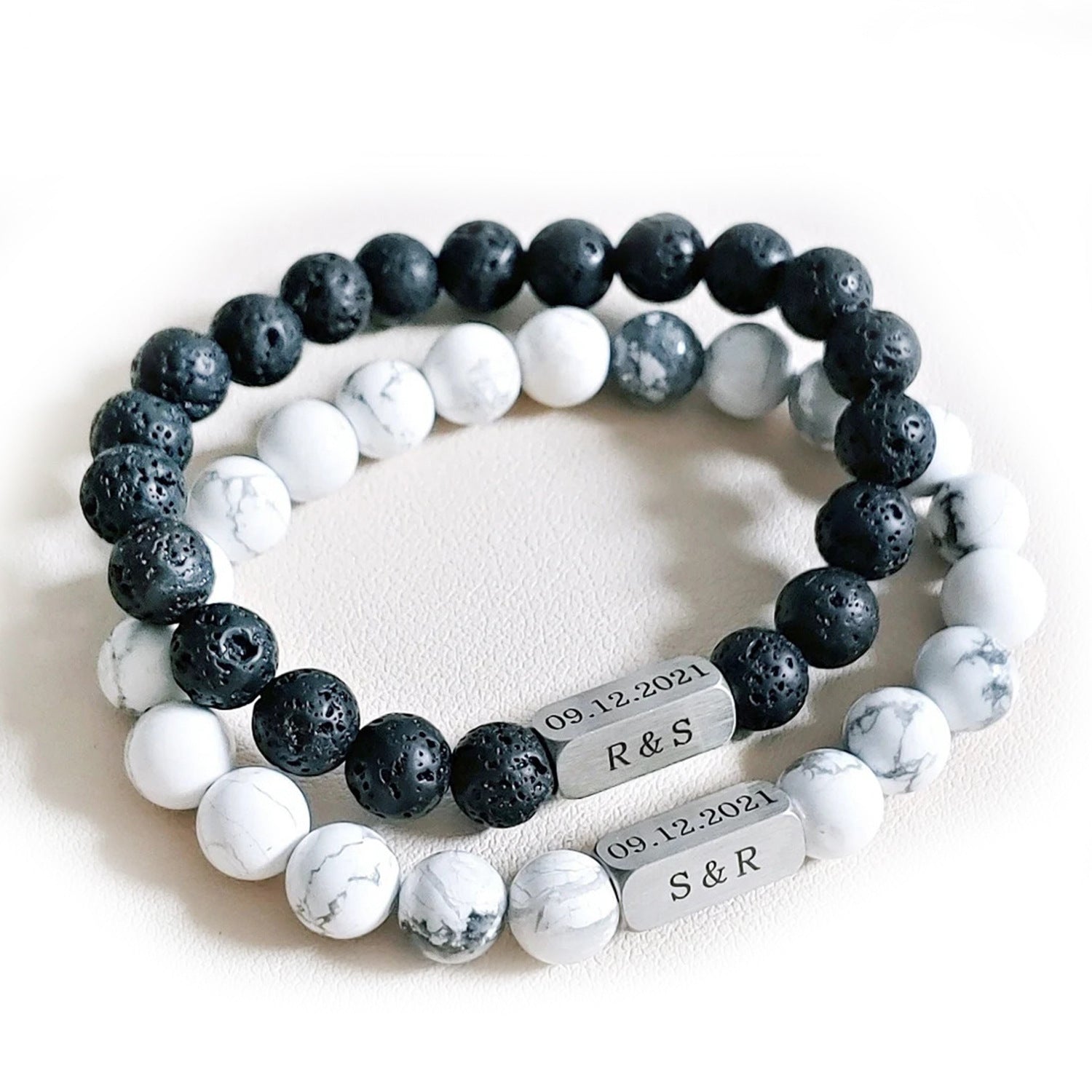 Stainless steel engraved beaded bracelet