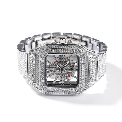 Hip-hop diamond-encrusted hollowed-out square watch