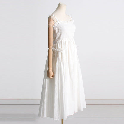 Pleated suspender long solid color full skirt dress
