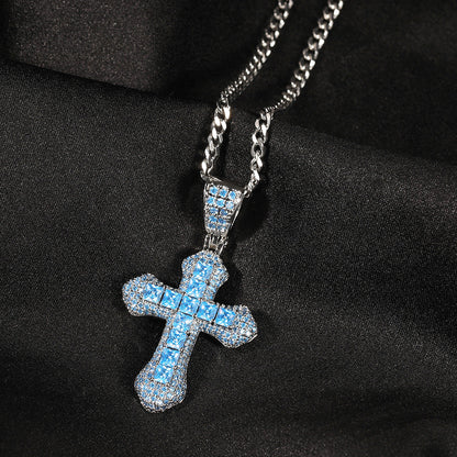 Blue Zircon Cross Hip-hop Necklace