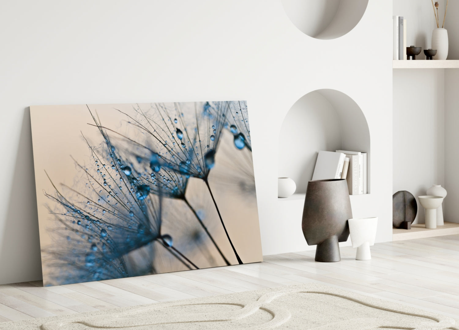 Blue Dandelion Water Drops Glass Wall Art