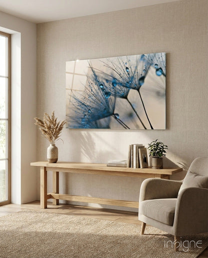 Blue Dandelion Water Drops Glass Wall Art