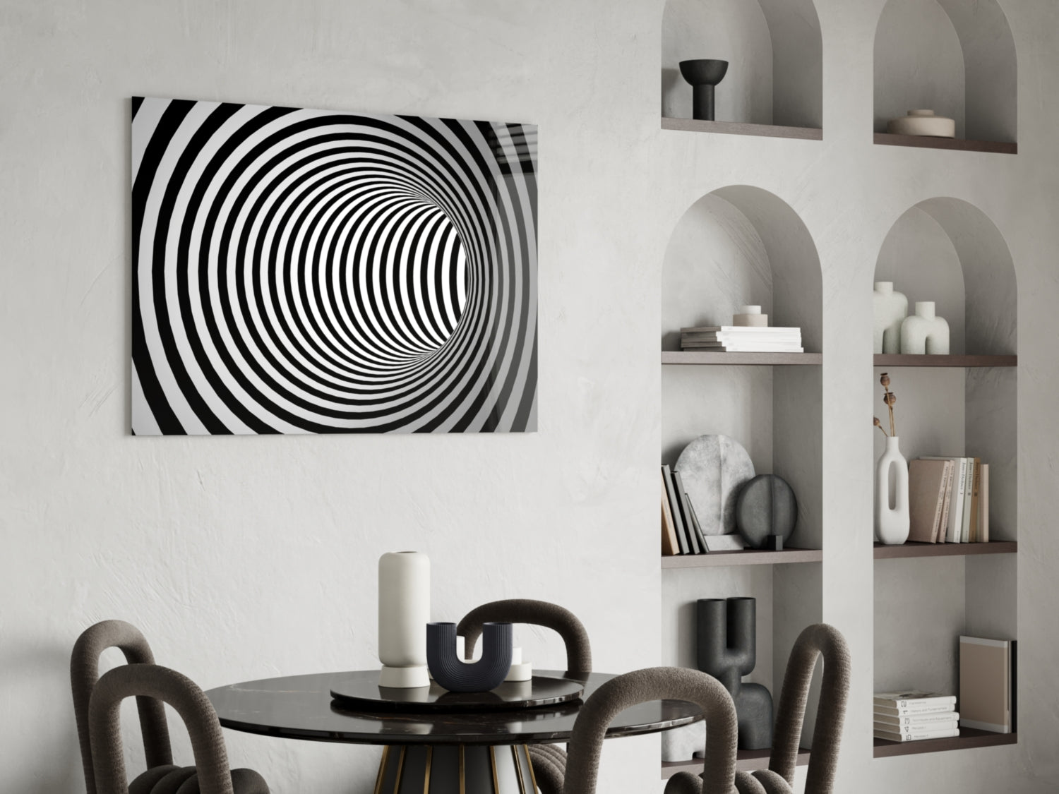 Wide Black And White Wormhole Illusion Glass Wall Art