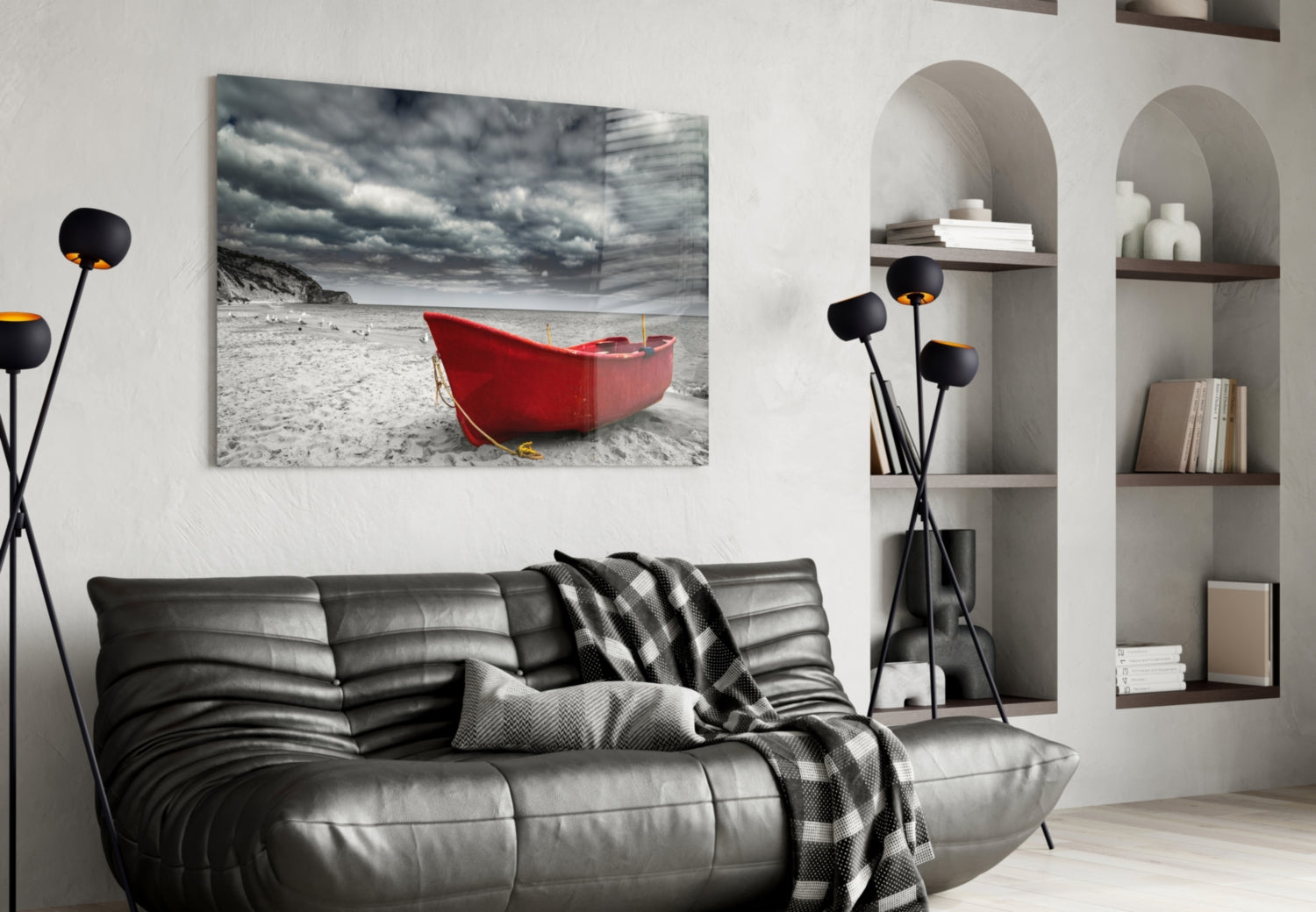 Scarlet Boat Under Dark Clouds Glass Wall Art