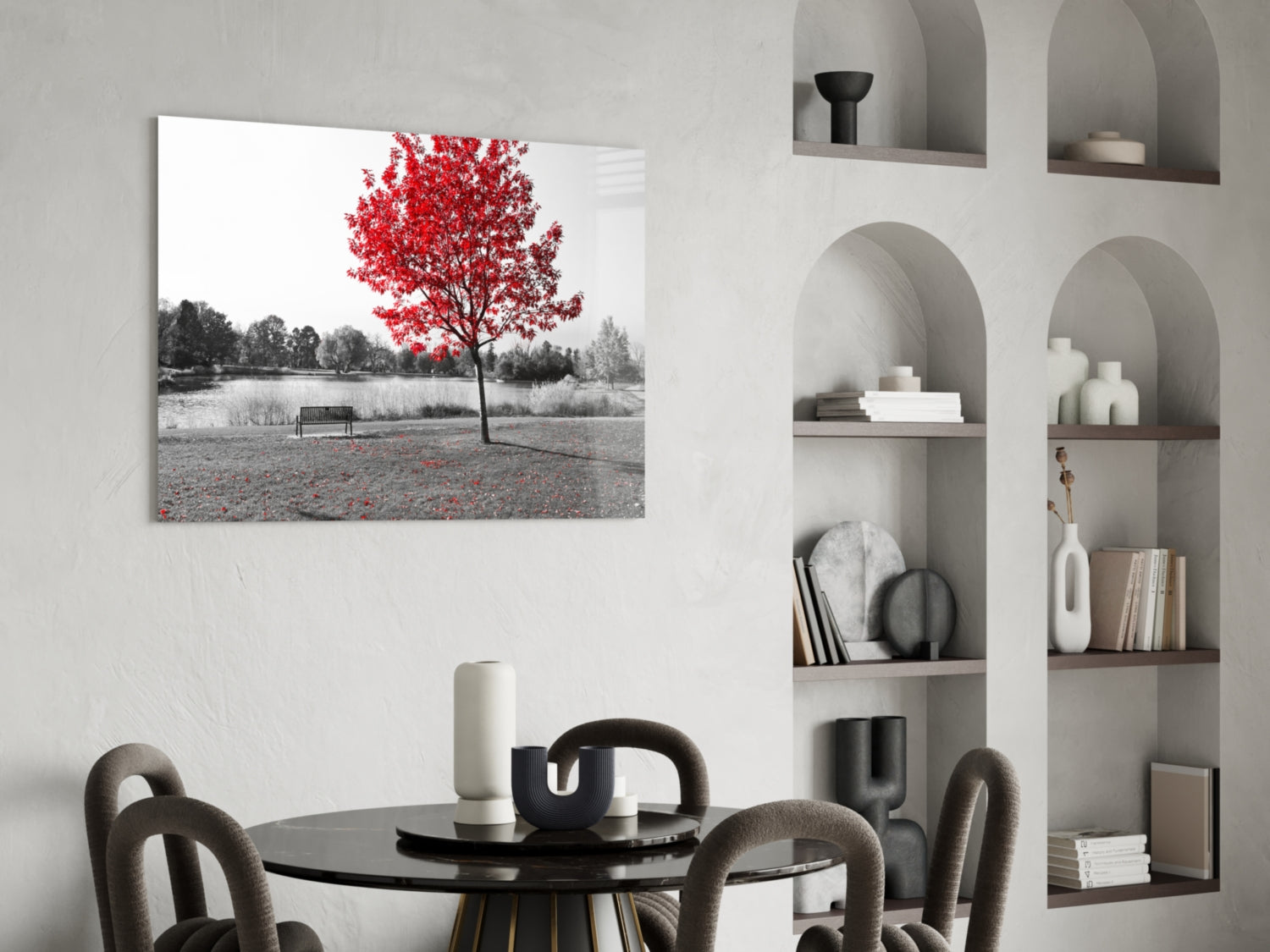 Lone Red Tree Bench Glass Wall Art