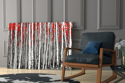 Wide Panoramic Birch Forest Red Treetops Glass Wall Art