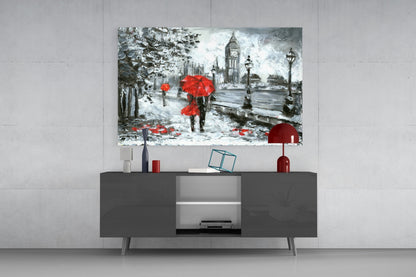 Rainy Riverside Boulevard Red Umbrellas Glass Wall Art