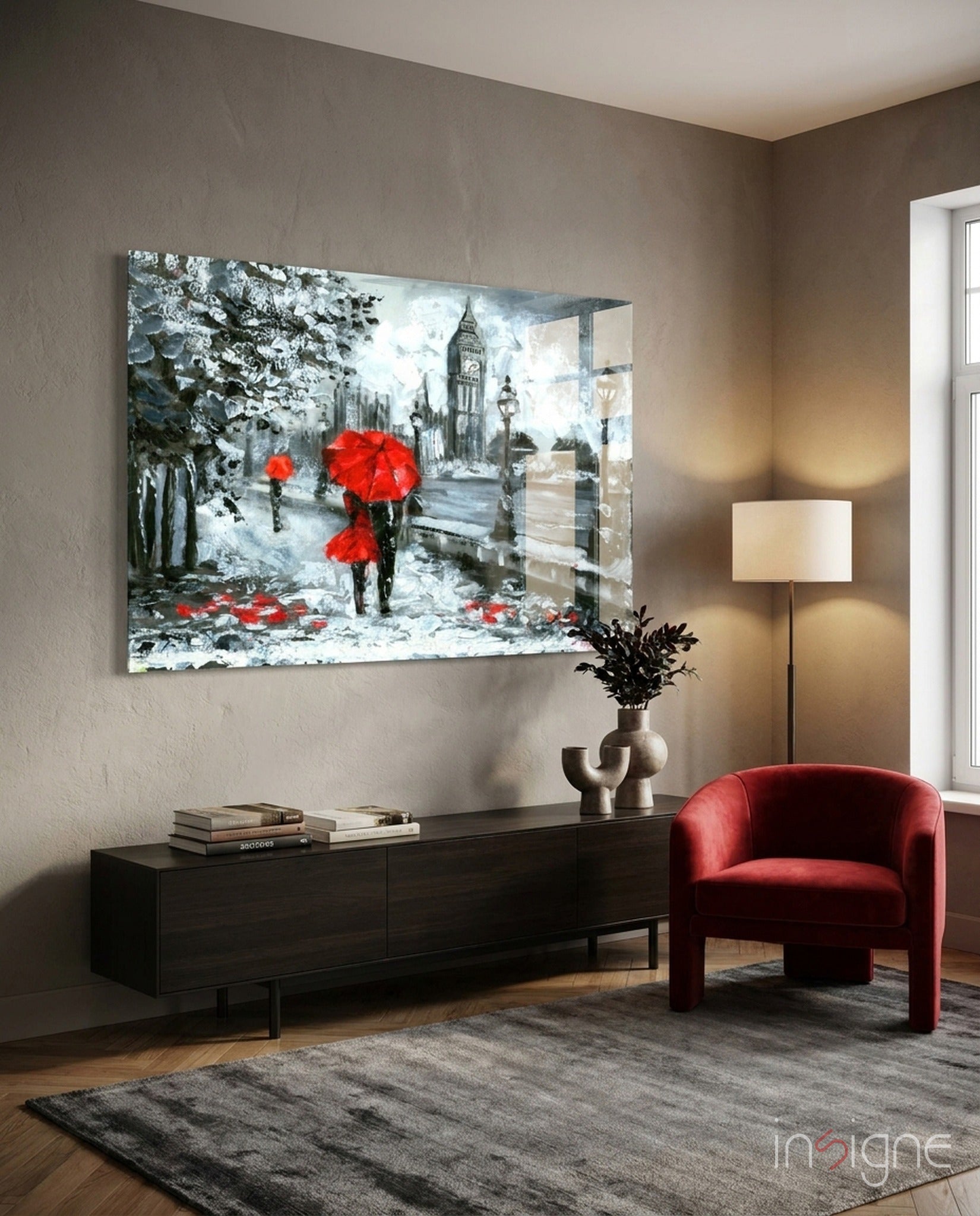 Rainy Riverside Boulevard Red Umbrellas Glass Wall Art