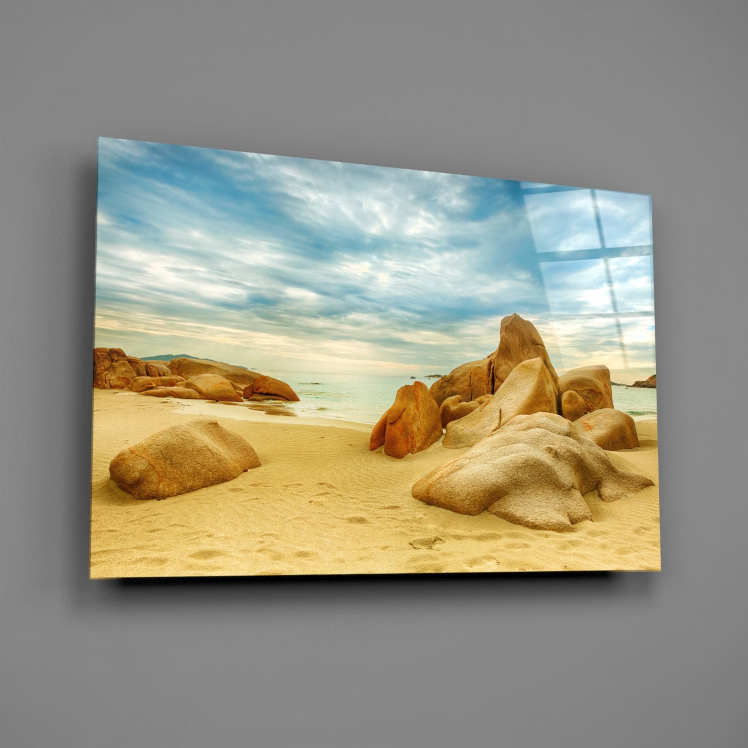 Wide Rocky Shore Blue Sky Beach Glass Wall Art
