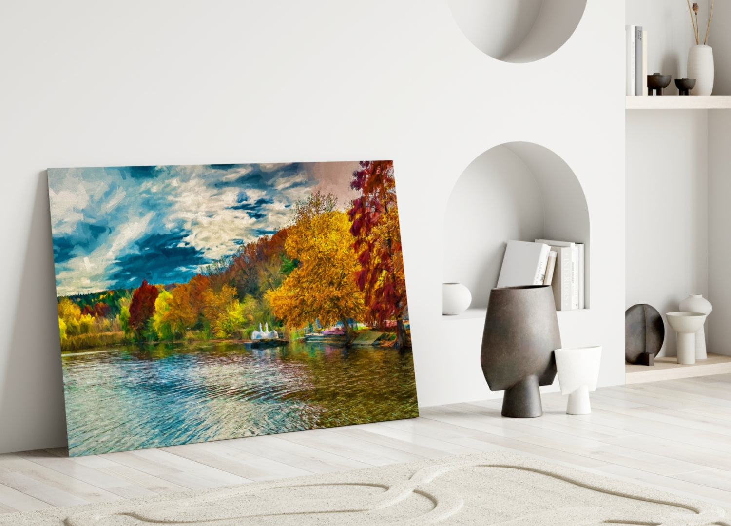 Golden Autumn Lakeside Painting Glass Wall Art