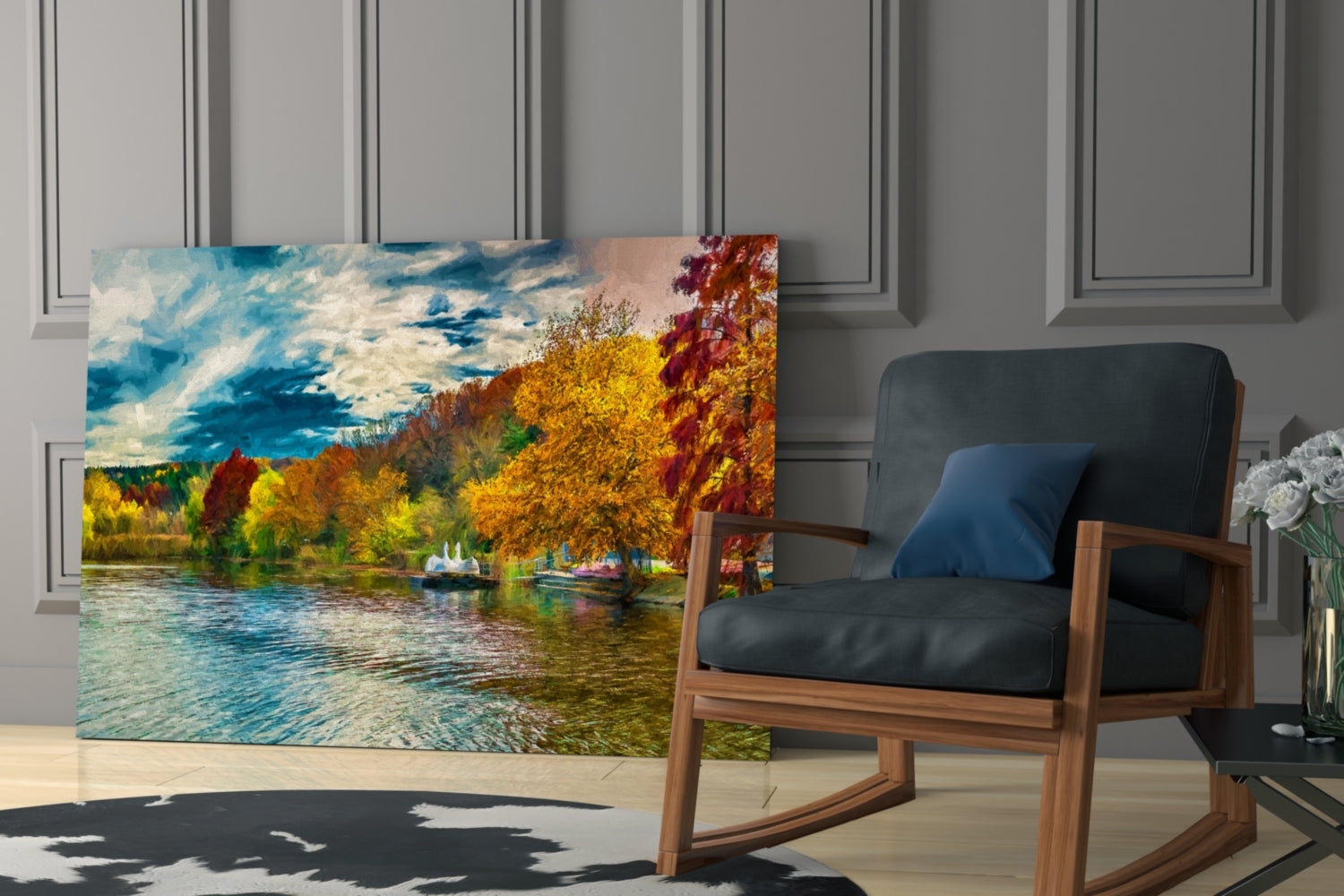 Golden Autumn Lakeside Painting Glass Wall Art