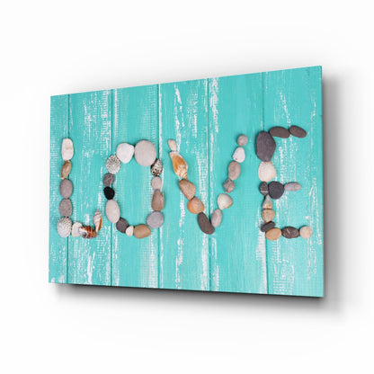 Pebble Love Letters On Turquoise Wood Glass Wall Art