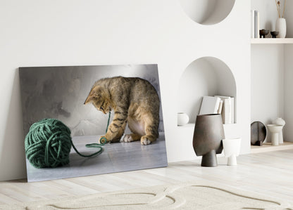 Tabby Kitten Green Yarn Glass Wall Art